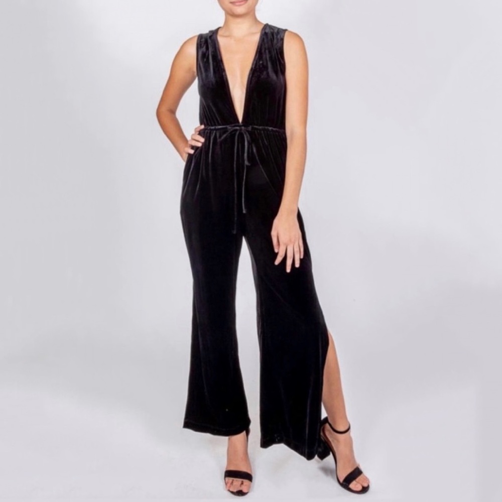 Black Velvet Deep V-Neck Jumpsuit with Tie Waist